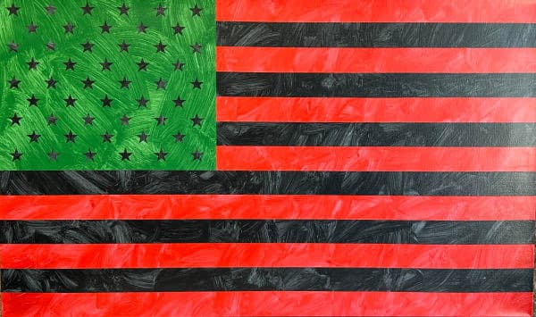 Green flag canton with black stars above alternating red and black stripes.