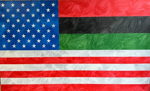 Composite flag combining American, Pan-African, and Ethiopian colors and symbols.