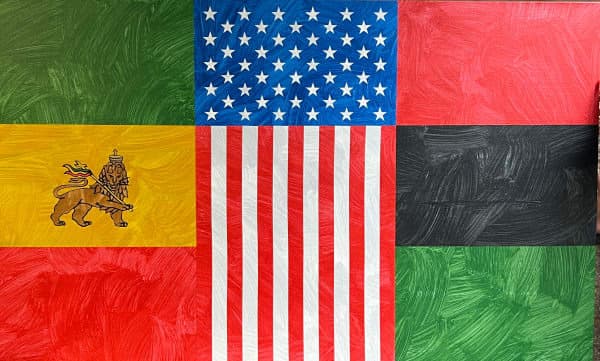 American flag reimagined with a green star field and red and black stripes.
