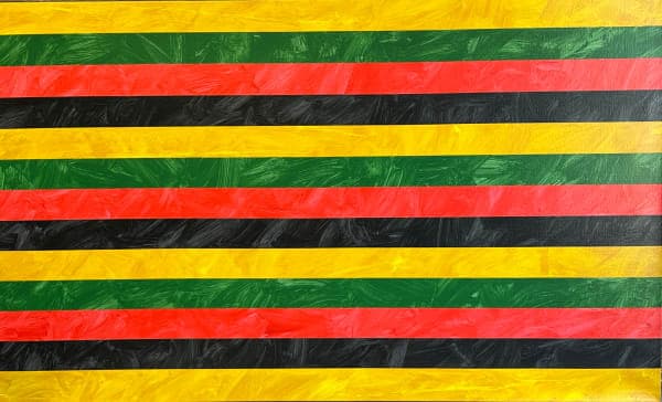 Horizontal painted bands in yellow, green, red, and black.