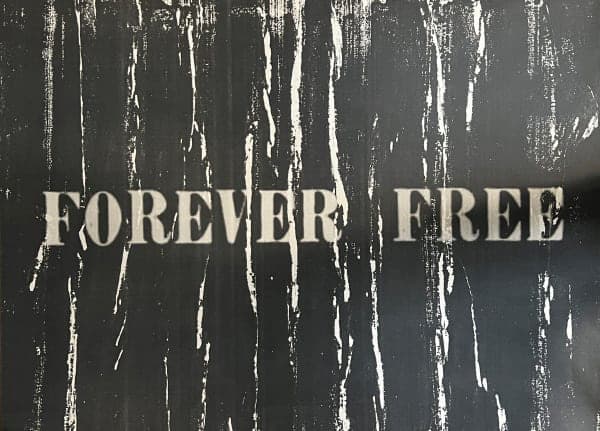 The words FOREVER FREE stenciled across a dark vertically brushed surface.