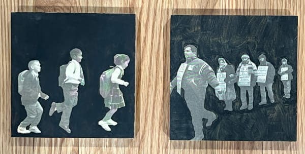 Two square panels showing schoolchildren running and a child walking toward a public gathering.