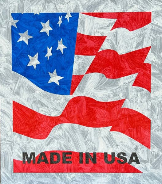 Hand-painted American flag fragments and the words Made In USA on a silver ground.