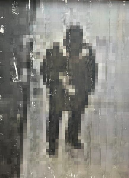 Pixelated grey self portrait of a standing figure seen through a layered reflective surface.